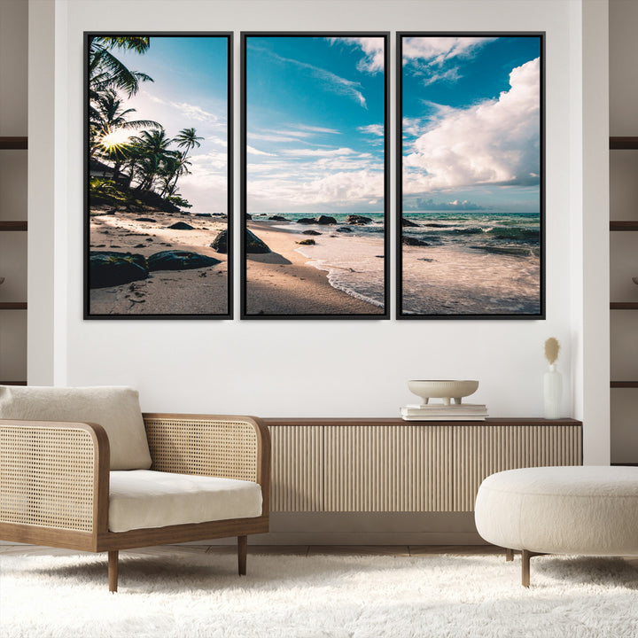 Tropical Beach Wall Art Canvas Print, Framed Ocean Waves Art Picture Print, Relaxing Seascape Perfect Tropical Coastal Decor Artwork