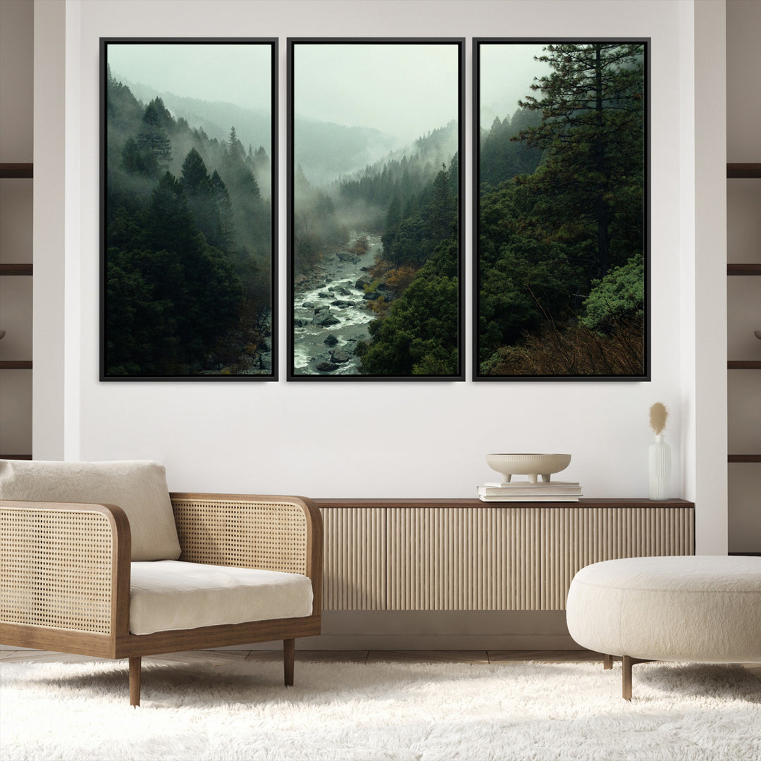 Misty Forest Wall Art Canvas Print, Framed Foggy River Art Picture Print, Moody Landscape Perfect Wilderness Decor Artwork