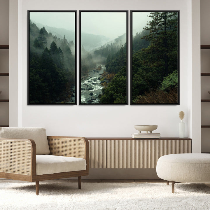 Misty Forest Wall Art Canvas Print, Framed Foggy River Art Picture Print, Moody Landscape Perfect Wilderness Decor Artwork