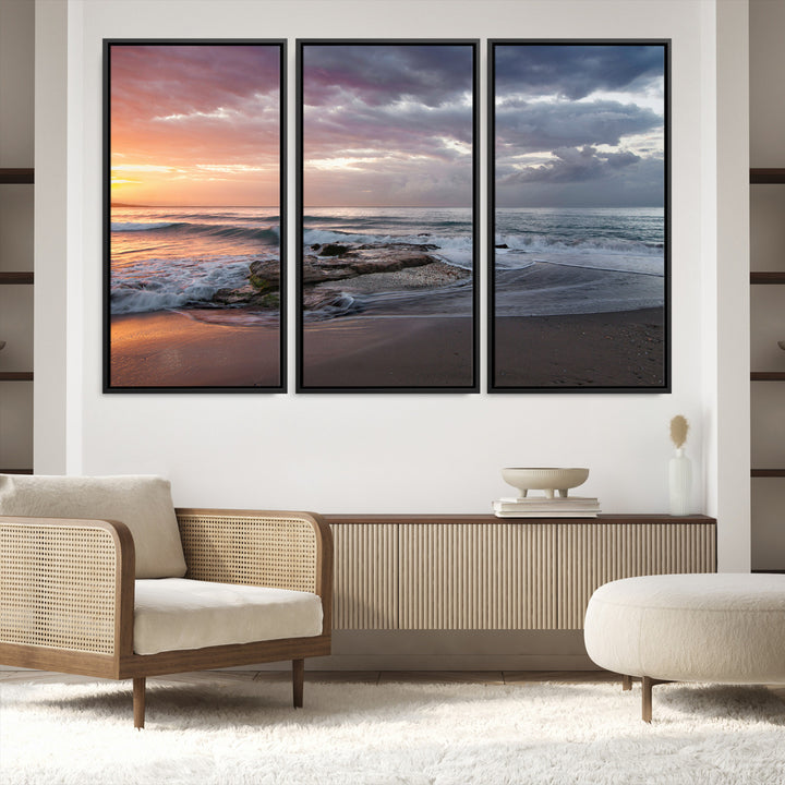 Golden Hour Wall Art Canvas Print, Framed Tranquil Waves Art Picture Print, Beach Perfect Coastal Serenity Decor Artwork