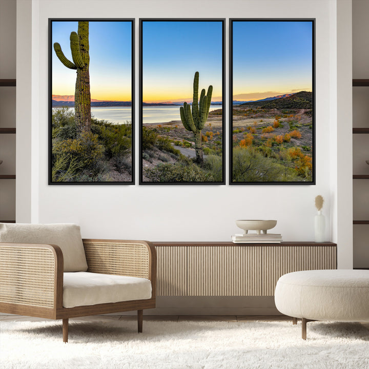 Saguaro Cactus Wall Art Canvas Print, Framed Desert Sunset Art Picture Print, Southwestern Perfect Southwestern Decor Artwork