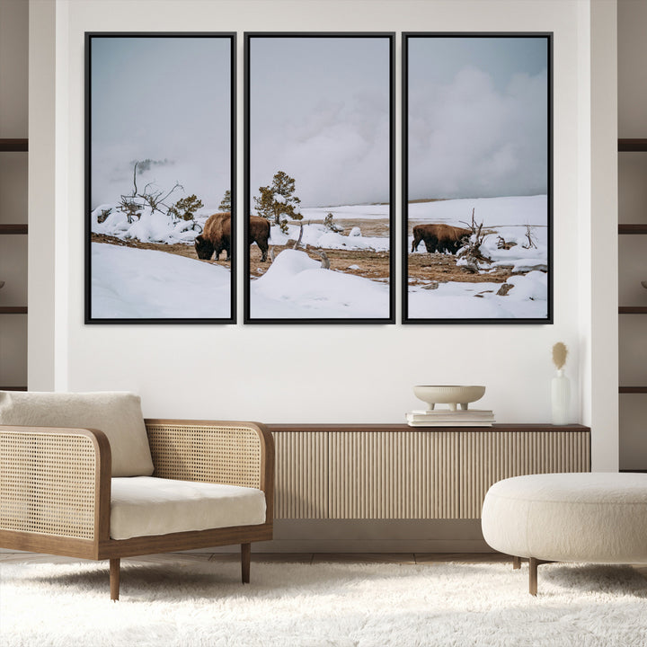 Bison Wildlife Wall Art Canvas Print, Framed Snowy Prairie Art Picture Print, Western Perfect Rustic Decor Artwork