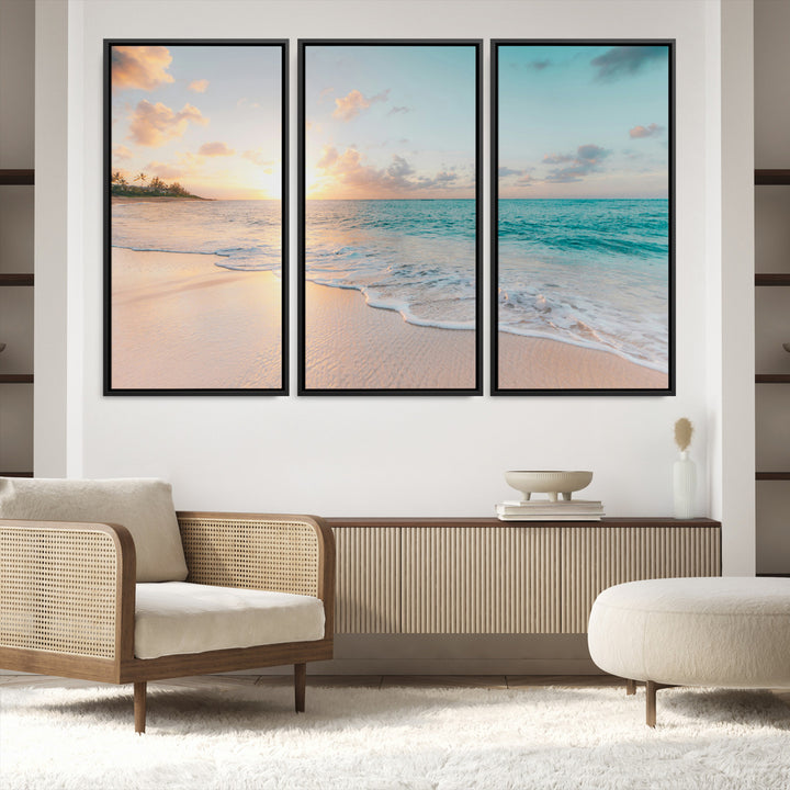 Beach Sunset Wall Art Canvas Print, Framed Ocean Waves Art Picture Print, Summer Escape Perfect Coastal Decor Artwork