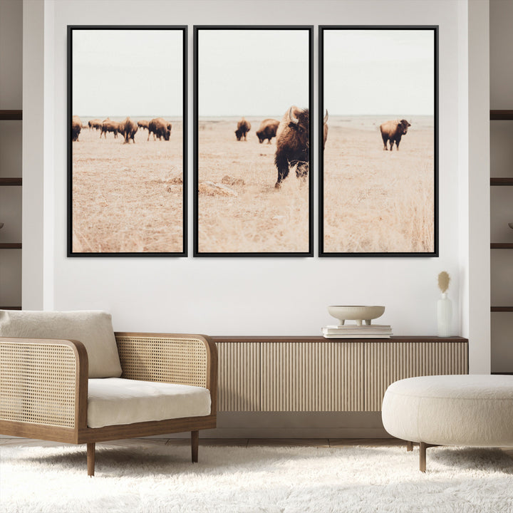 Bison Herd Wall Art Canvas Print, Framed Western Art Picture Print, Prairie Serenity Perfect Ranch Decor Artwork