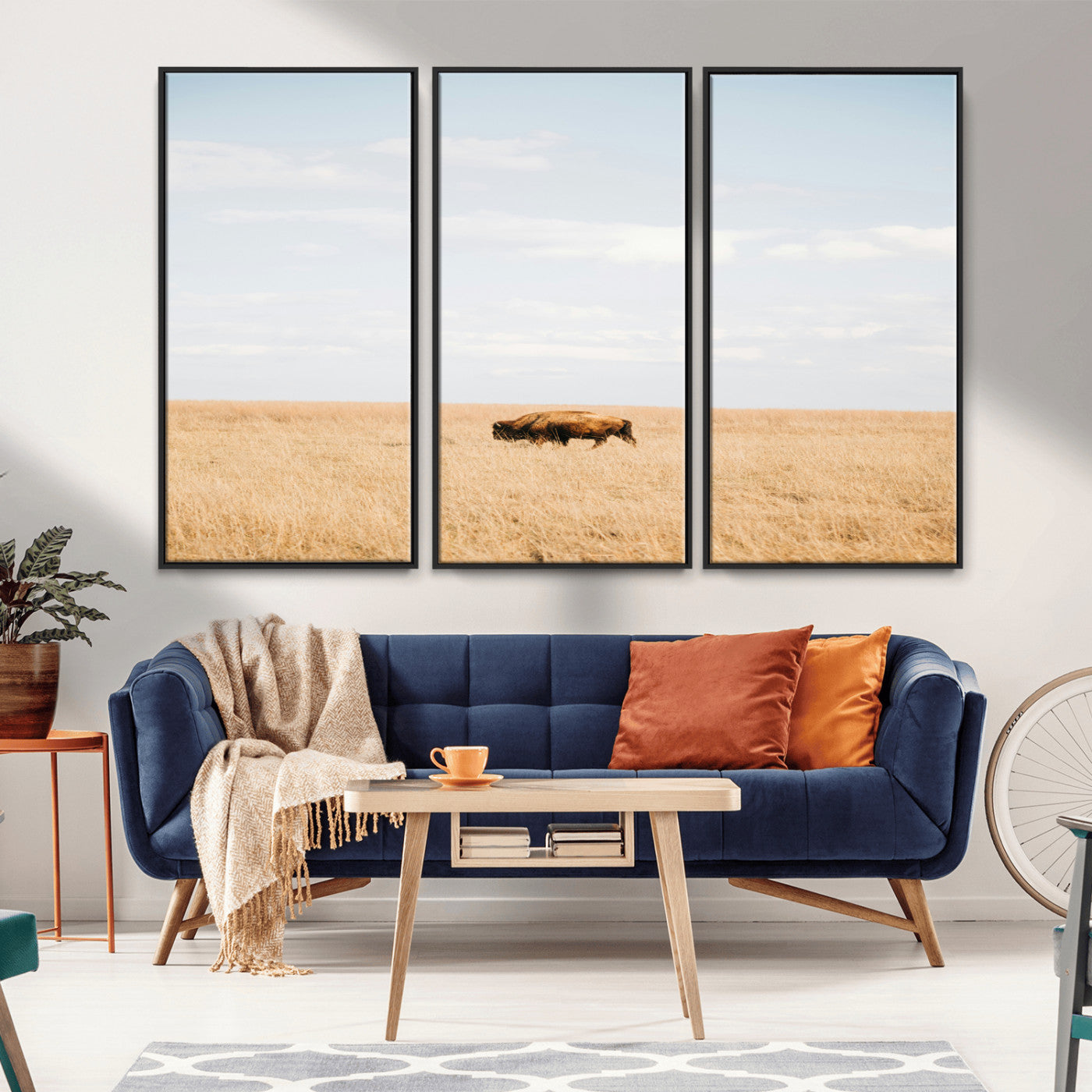 MGV-FC-48X32-3P - Minimalist Nature Wall Art Canvas Print, Framed Bison In Grassland Art Picture Print, Open Field Perfect Modern Ranch Decor Decor Artwork