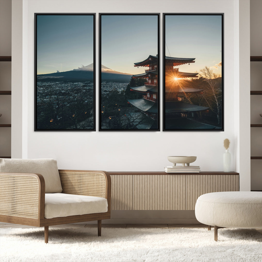 Chureito Pagoda at sunset with Mount Fuji in the background, city lights below, and golden sun rays, ideal for Japanese-inspired wall art.