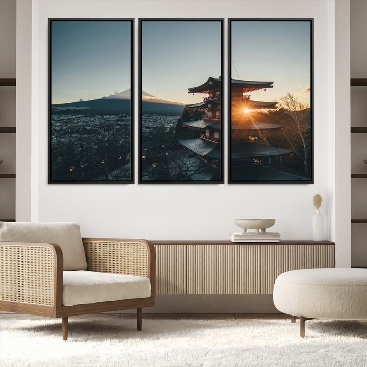 Chureito Pagoda at sunset with Mount Fuji in the background, city lights below, and golden sun rays, ideal for Japanese-inspired wall art.