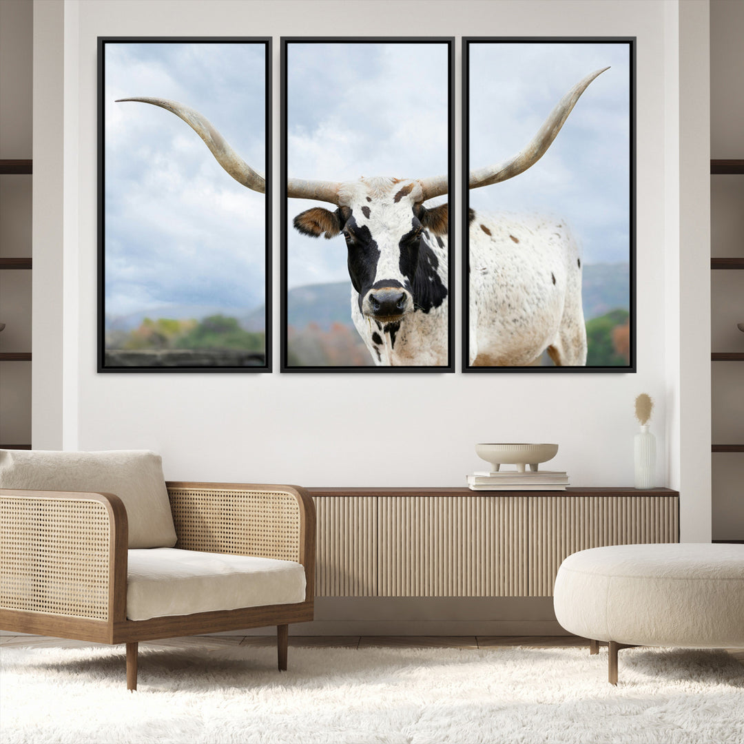 Texas Longhorn Wall Art Canvas Print, Framed Western Rustic Art Picture Print, Farmhouse Decor Perfect Farmhouse Decor Artwork