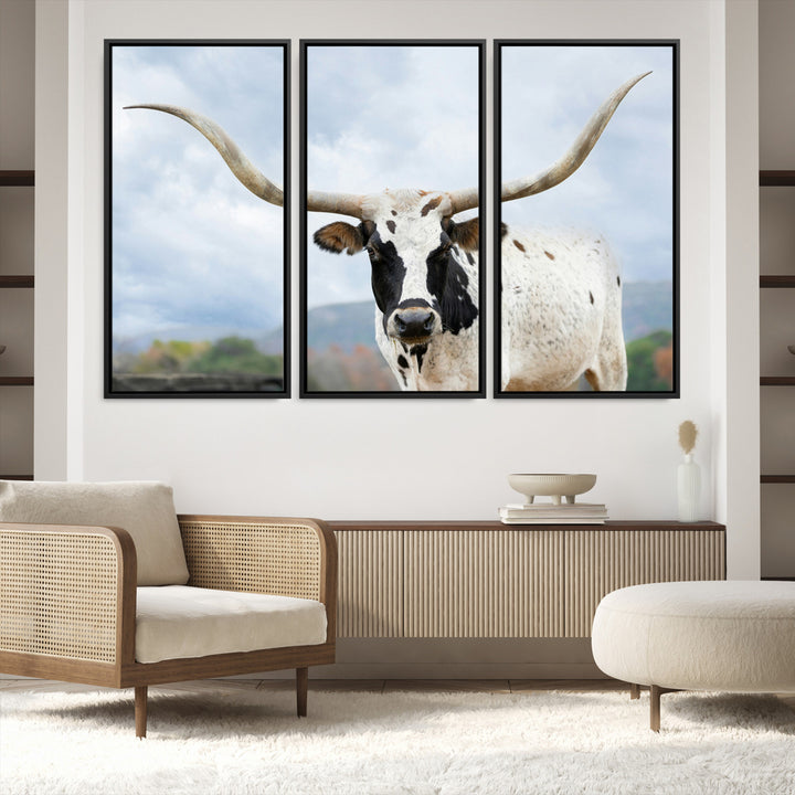 Texas Longhorn Wall Art Canvas Print, Framed Western Rustic Art Picture Print, Farmhouse Decor Perfect Farmhouse Decor Artwork
