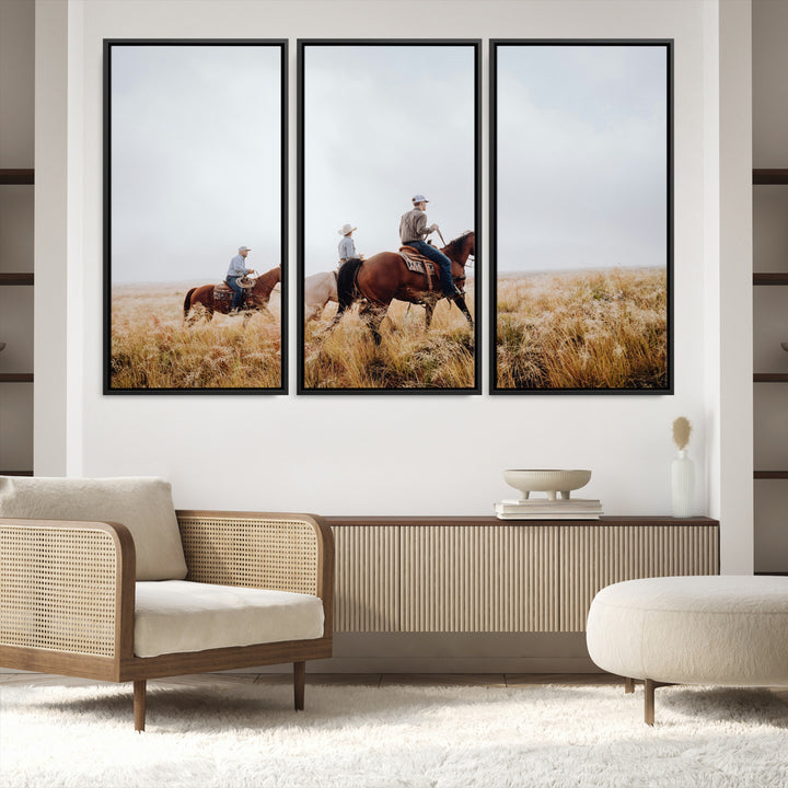 Three cowboys riding horses through a foggy prairie landscape, dressed in Western attire, evoking a rustic and adventurous Wild West aesthetic.