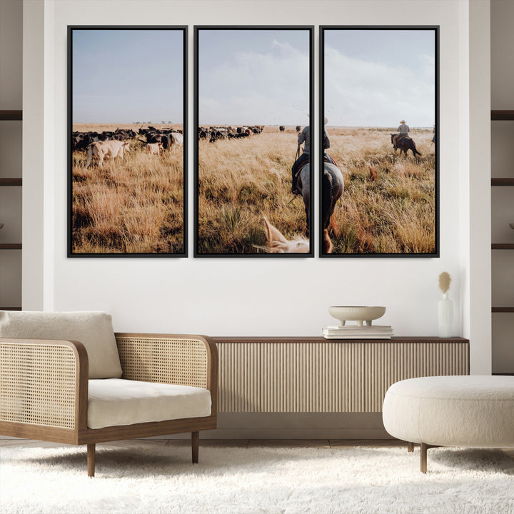 A cowboy and cowgirl on horseback herding cattle through golden grasslands, capturing a rustic and authentic Western ranch lifestyle.