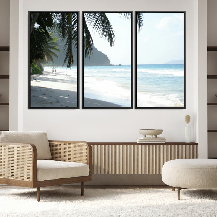 Tropical beach with palm tree shadows, white sand, and turquoise ocean waves, creating a serene and relaxing island escape atmosphere.