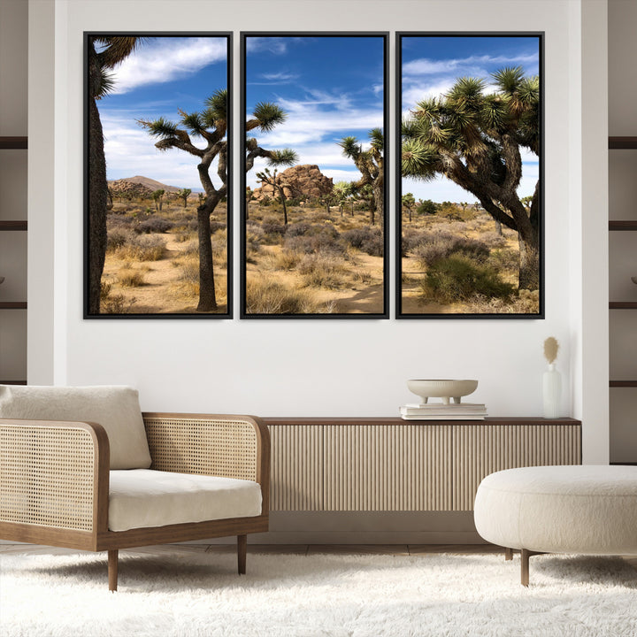 Scenic Joshua Tree landscape with rugged desert terrain, golden dry grass, and a deep blue sky, creating a warm, rustic Southwestern aesthetic.