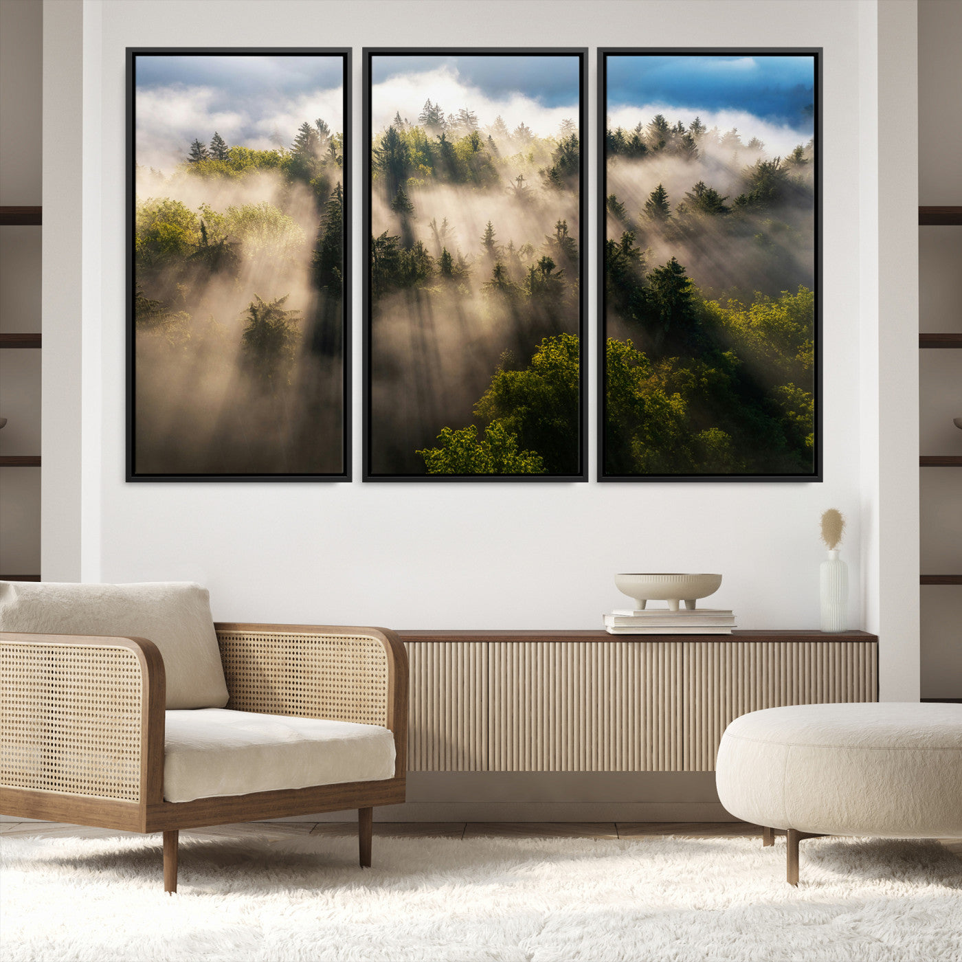 14785710-MGV-FC-48X32-3P-Tranquil Forest Scene Wall Art Canvas Print, Framed Sunbeam Through Trees Art Picture Print, Moody Green Wall Art Perfect Scandinavian