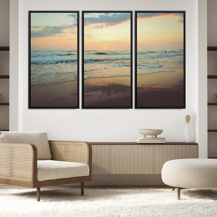 Warm sunset over gentle ocean waves with pastel sky and reflections on wet sand, creating a calm and soothing beach ambiance.