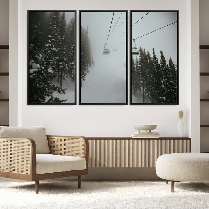 Ski Lift Wall Art Canvas Print, Framed Snowy Pines Art Picture Print, Misty Landscape Perfect Winter Serenity Decor Artwork