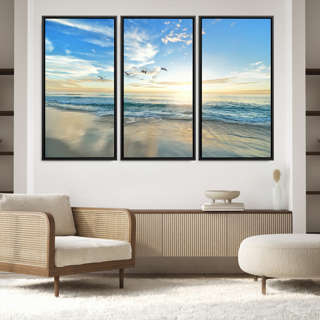 20708696-MGV-FC-60X40-3P_Black-Minimalist Seaside Morning Glow Art Canvas Print, Golden Reflections Perfect Coastal Minimalist Decor Artwork