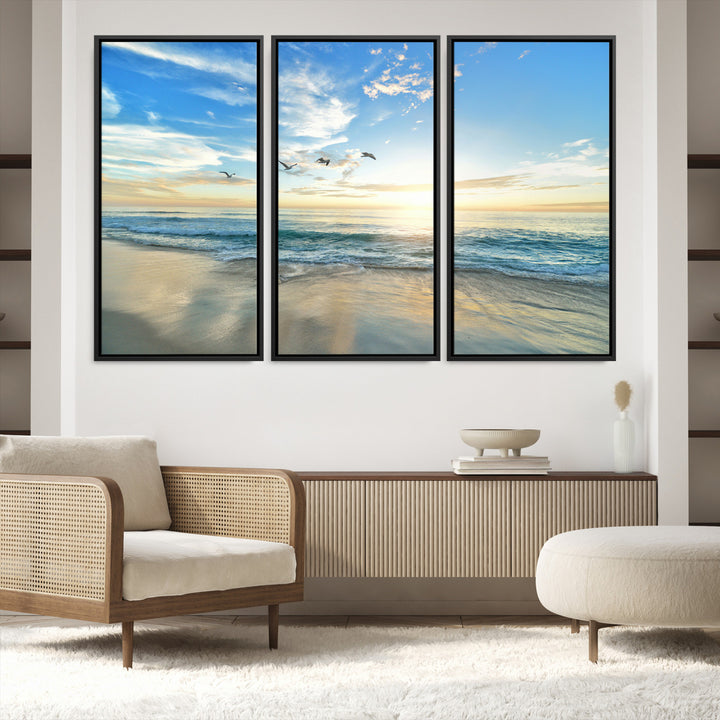 20708696-MGV-FC-60X40-3P_Black-Minimalist Seaside Morning Glow Art Canvas Print, Golden Reflections Perfect Coastal Minimalist Decor Artwork