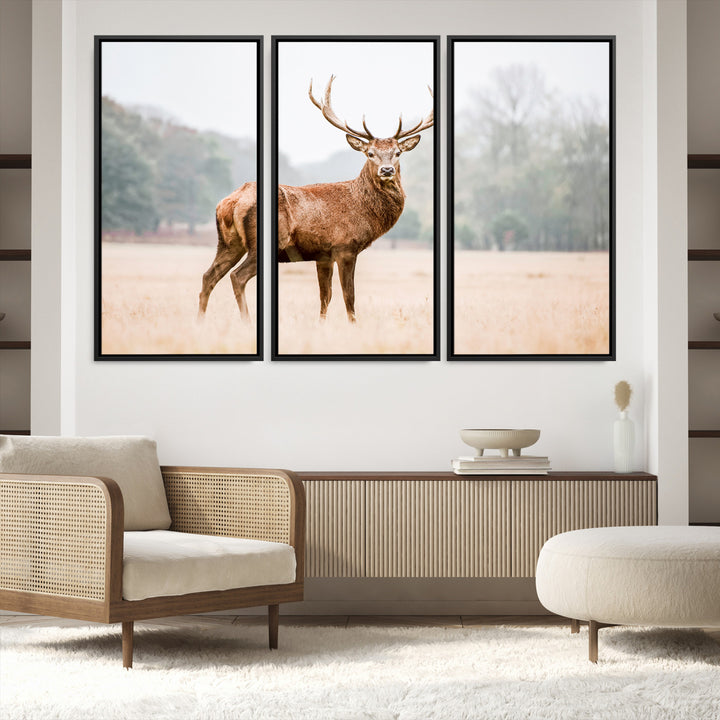 Vintage Wildlife Canvas Print, Framed Misty Landscape Art Picture Print, Deer Wall Art Perfect Rustic Wildlife Decor Artwork