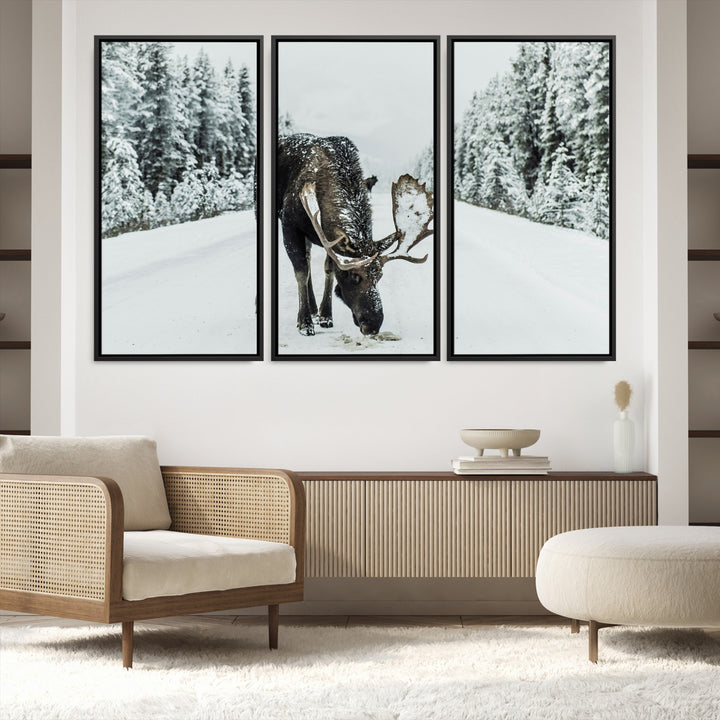 Moose in Snow Wall Art Canvas Print, Framed Winter Wildlife Art Picture Print, Snowy Forest Scene Perfect Rustic Lodge Decor Artwork