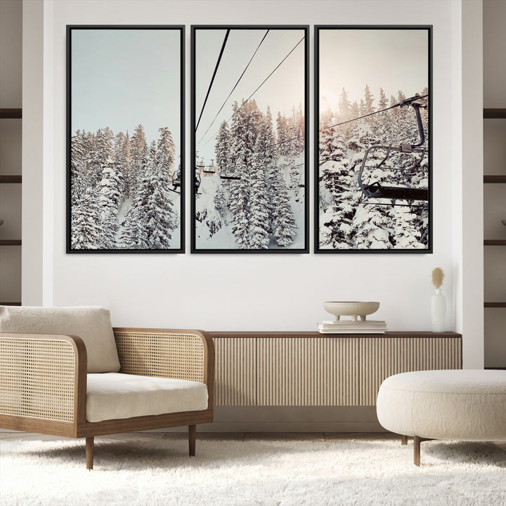 91534512-MGV-FC-60X40-3P_Black-Frosty Pines Wall Art Canvas Print, Framed Cozy Cabin View Art Picture Print, Ski Lift Ride Perfect Rustic Lodge Decor Artwork