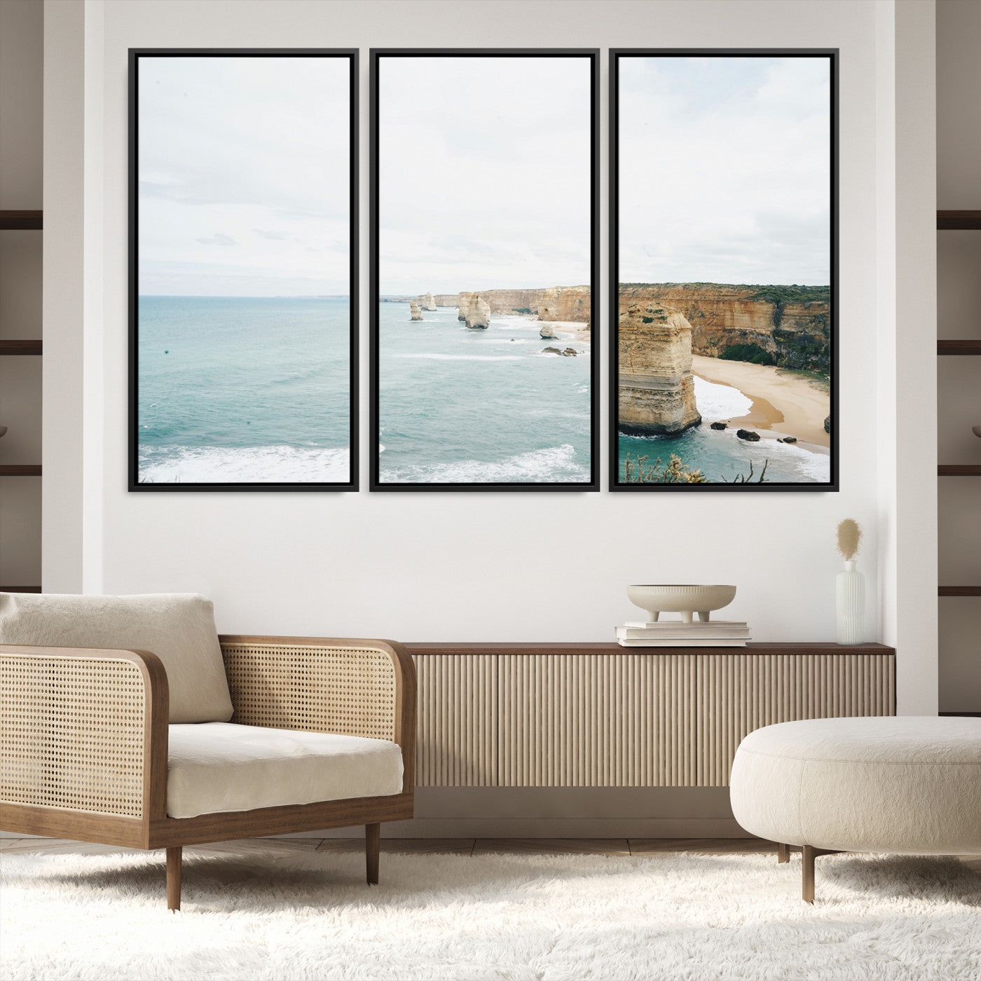 70095633-MGV-FC-60X40-3P_Black-Twelve Apostles Wall Art Canvas Print, Framed Coastal Cliffs Art Picture Print, Rugged Rock Formations Perfect Minimalist Coastal Decor
