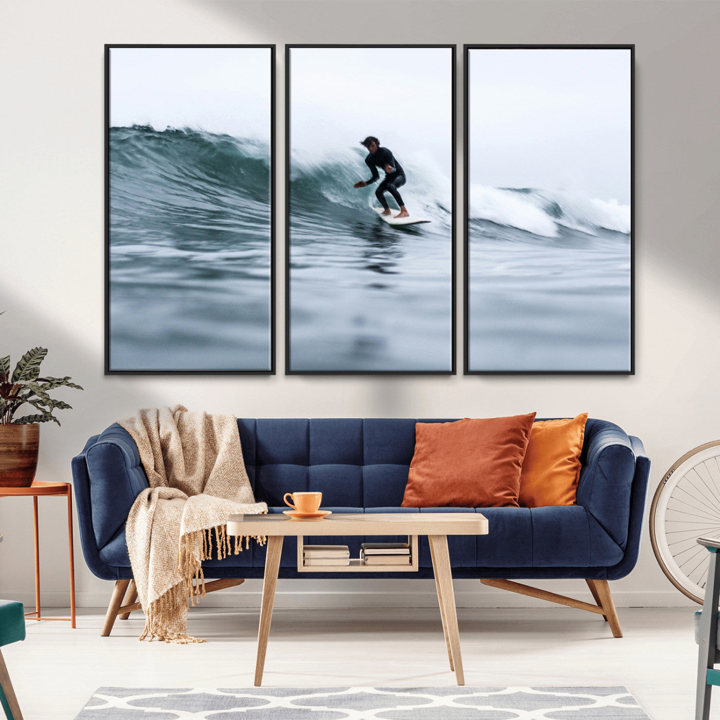 MGV-FC-48X32-3P - Surfer on Wave Wall Art Canvas Print, Framed Ocean Adventure Art Picture Print, Motion Blur Water Perfect Coastal Adventure Decor Artwork