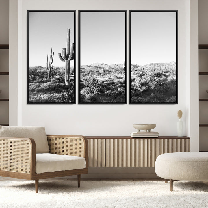 Saguaro Cactus Wall Art Canvas Print, Monochrome Landscape Print, Framed Scenic Arizona Art Print, Large Timeless Western Aesthetic Printing
