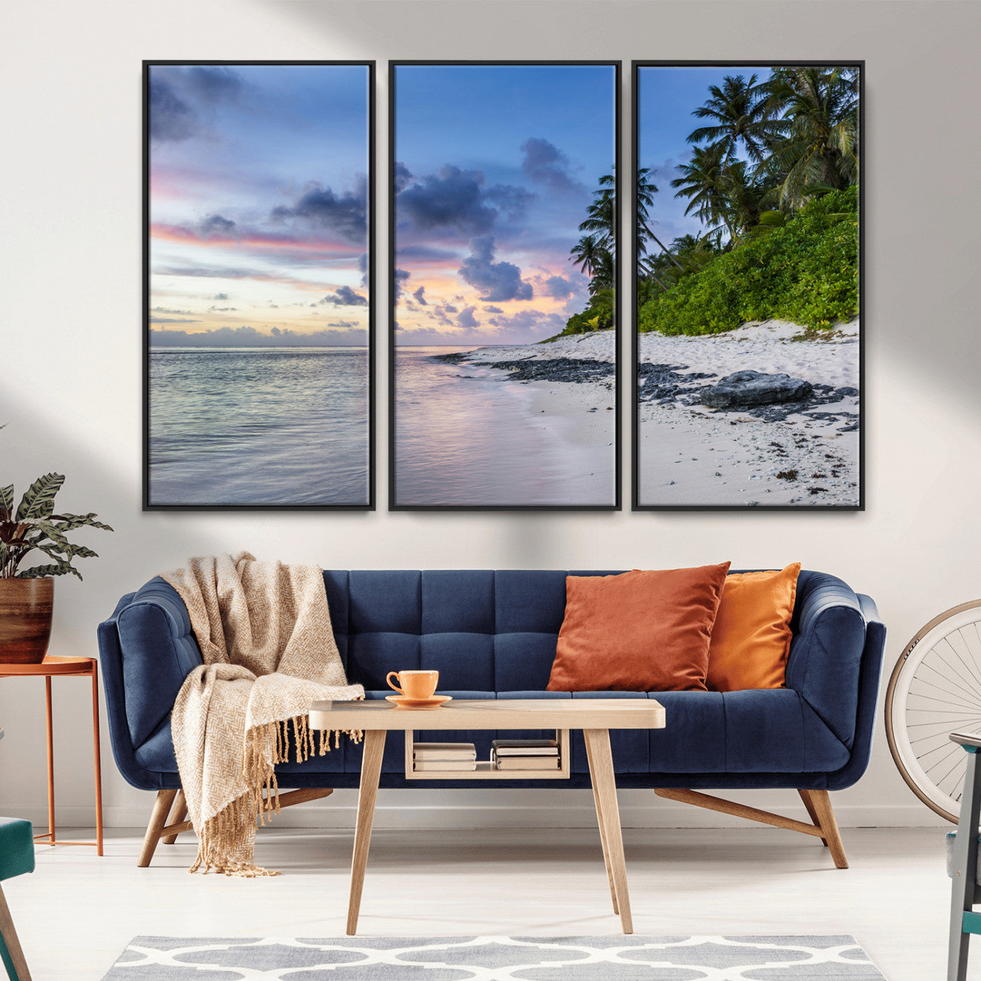 MGV-FC-48X32-3P - Tropical Beach Wall Art Canvas Print, Framed Sunset Glow Art Picture Print, Palm Tree Coast Perfect Tropical Coastal Decor Artwork