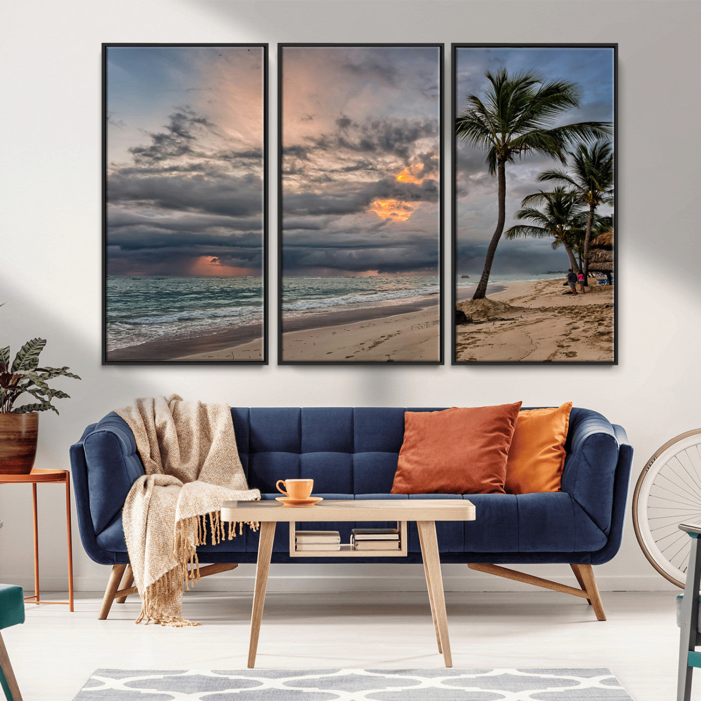 MGV-FC-48X32-3P - Tropical Storm Wall Art Canvas Print, Framed Moody Beach Art Picture Print, Dramatic Sky Perfect Tropical Coastal Decor Artwork