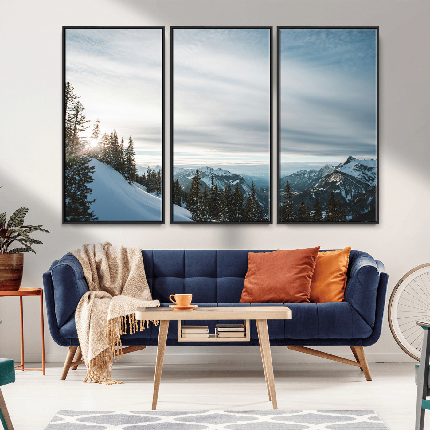 MGV-FC-48X32-3P - Snowy Mountains Wall Art Canvas Print, Framed Alpine Landscape Art Picture Print, Frosty Peaks Perfect Nordic Minimalist Decor Artwork