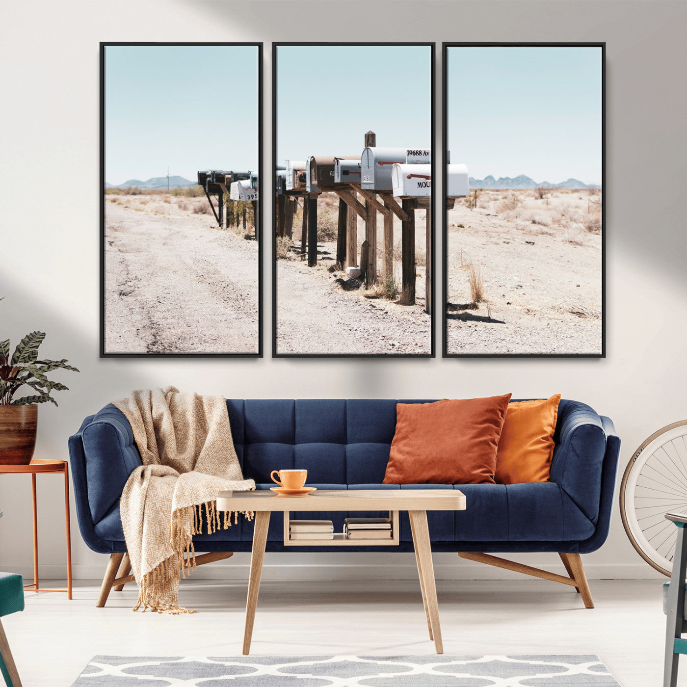 MGV-FC-48X32-3P - Desert Mailboxes Canvas Print – Minimal Western Landscape Photography, Rustic Americana Wall Art for