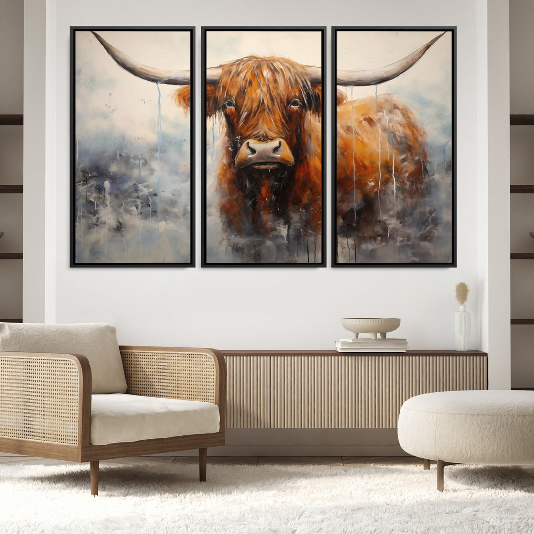 Scottish Highland Wall Art Canvas Print, Framed Longhorn Art Picture Print, Western Cow Perfect Farmhouse Decor Artwork