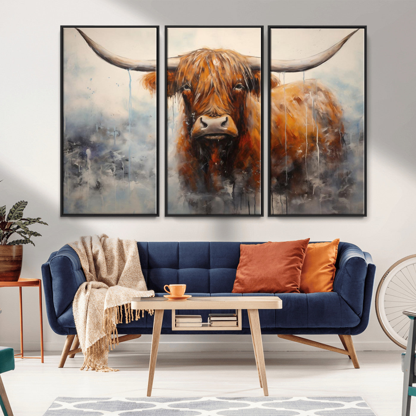 MGV-FC-48X32-3P - Scottish Highland Wall Art Canvas Print, Framed Longhorn Art Picture Print, Western Cow Perfect Farmhouse Decor Artwork