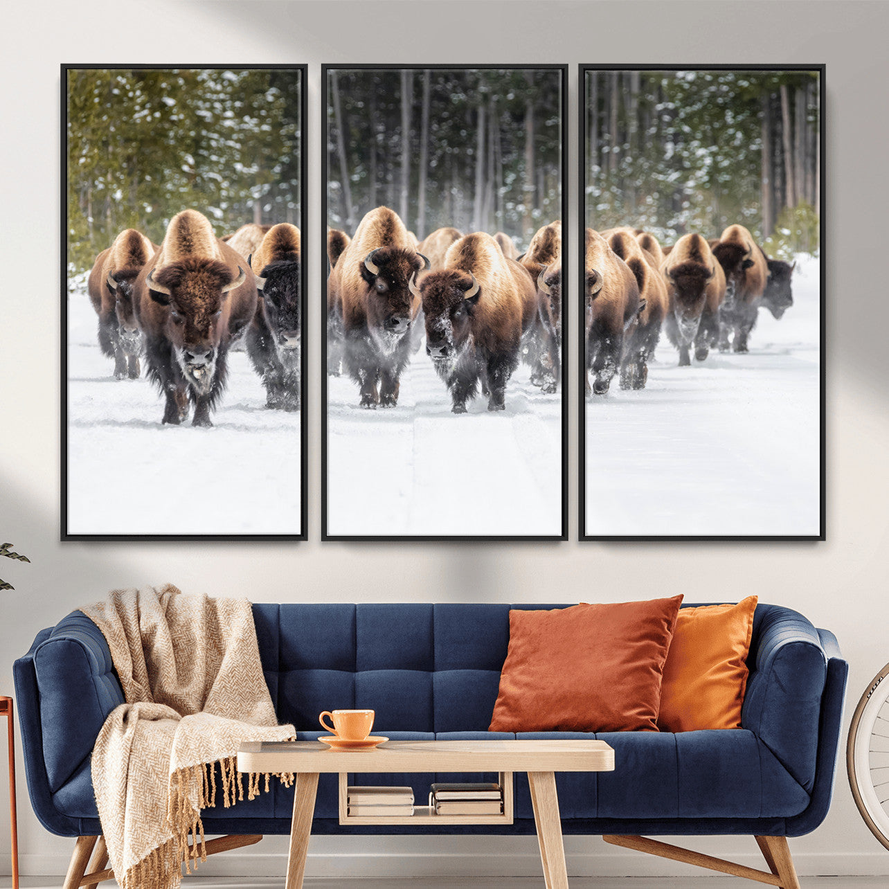 96906195-MGV-FC-48X32-3P - American Bison Herd Snow Canvas Wall Art – Powerful Winter Wildlife Print of Buffalo Motion, Rustic Lodge or Western Cabin Decor for Living Room, Office