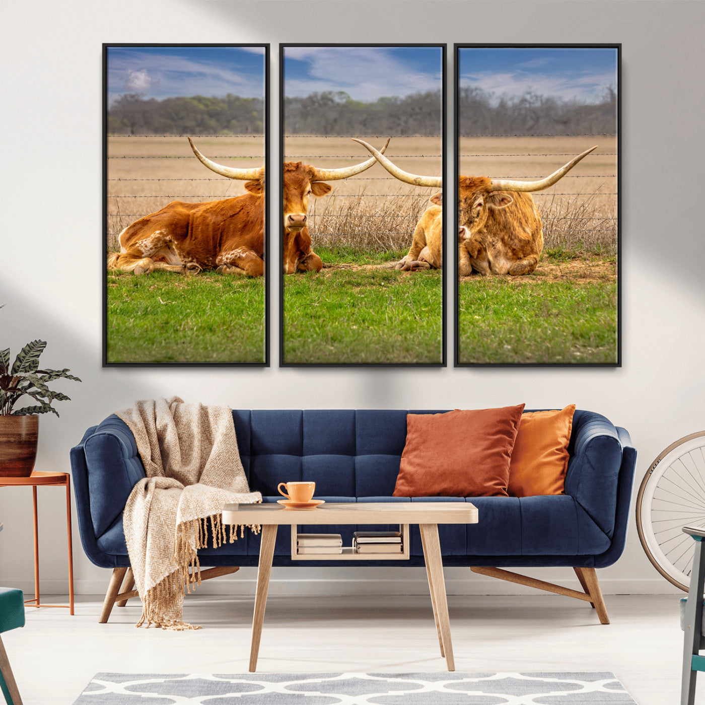 54598515-MGV-FC-60X40-3P_Black-Texas Longhorn Pair Wall Art Canvas Print – Peaceful Rustic Ranch Scene with Two Cattle in Field, Perfect for Western Farmhouse Home Decor