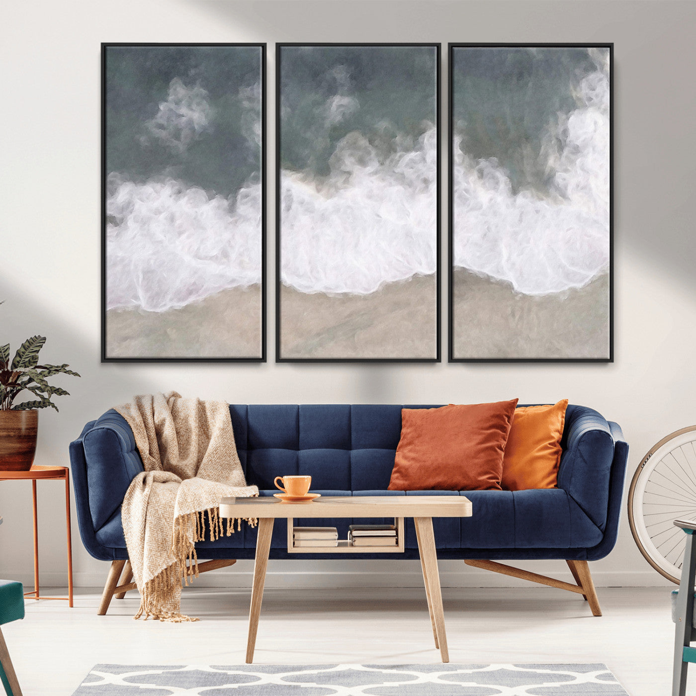 Wall art canvas print featuring foamy ocean waves softly rolling onto a sandy shore with a dreamy, painterly texture.