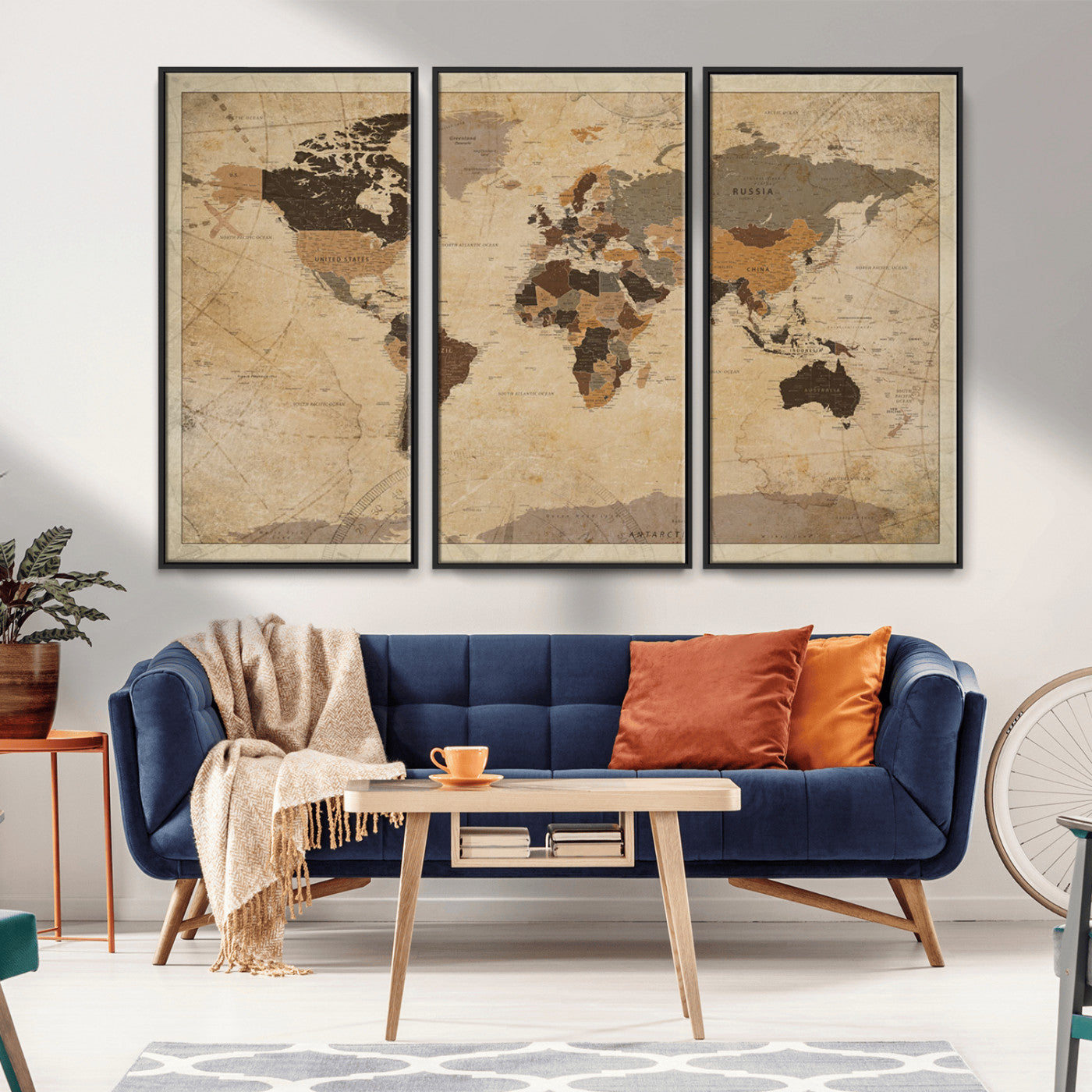 Vintage-style world map with muted brown, beige, and sepia tones, showing countries and continents with a weathered paper texture background.