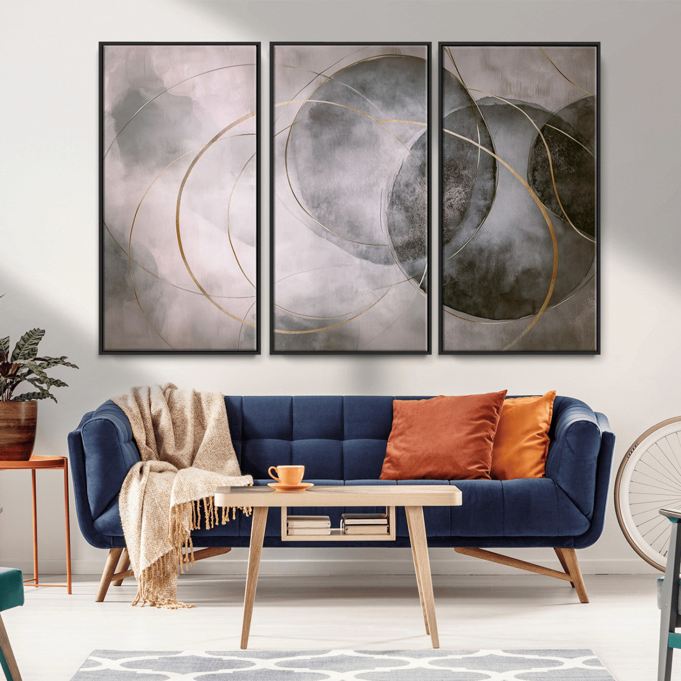 MGV-FC-48X32-3P - Wall Art Canvas Print Abstract Gray Black Gold Circles Soft Texture Modern Minimalist Artistic Home Decor Contemporary Elegant Stylish Unique