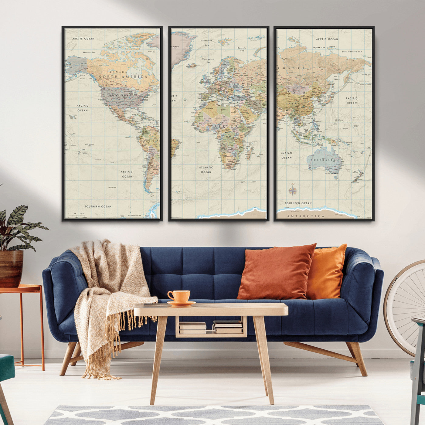 A detailed vintage-style political world map displaying continents, countries, and oceans with clear borders and labels, set on a beige textured background with grid lines.