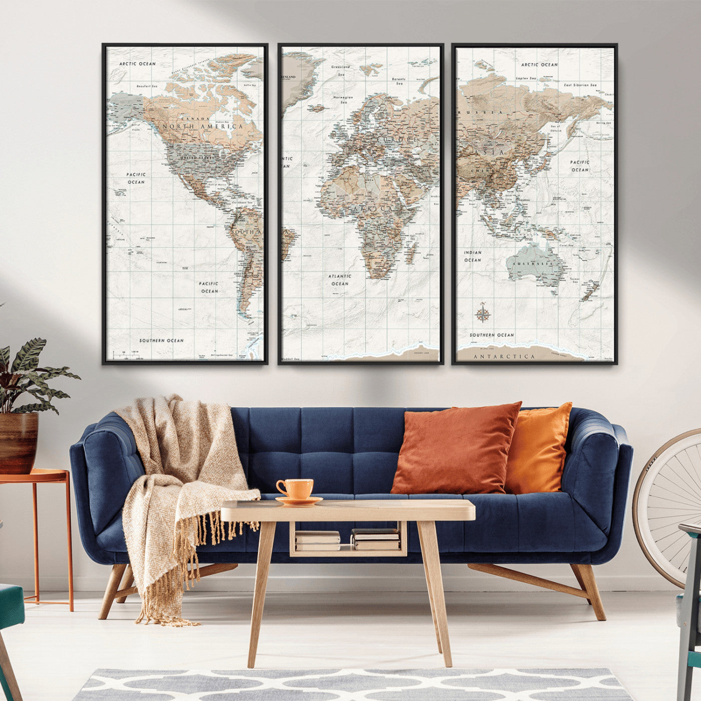Vintage world map with detailed country borders and labels, featuring soft earthy tones of beige, brown, and gray on a textured parchment background, including oceans, continents, and major cities.