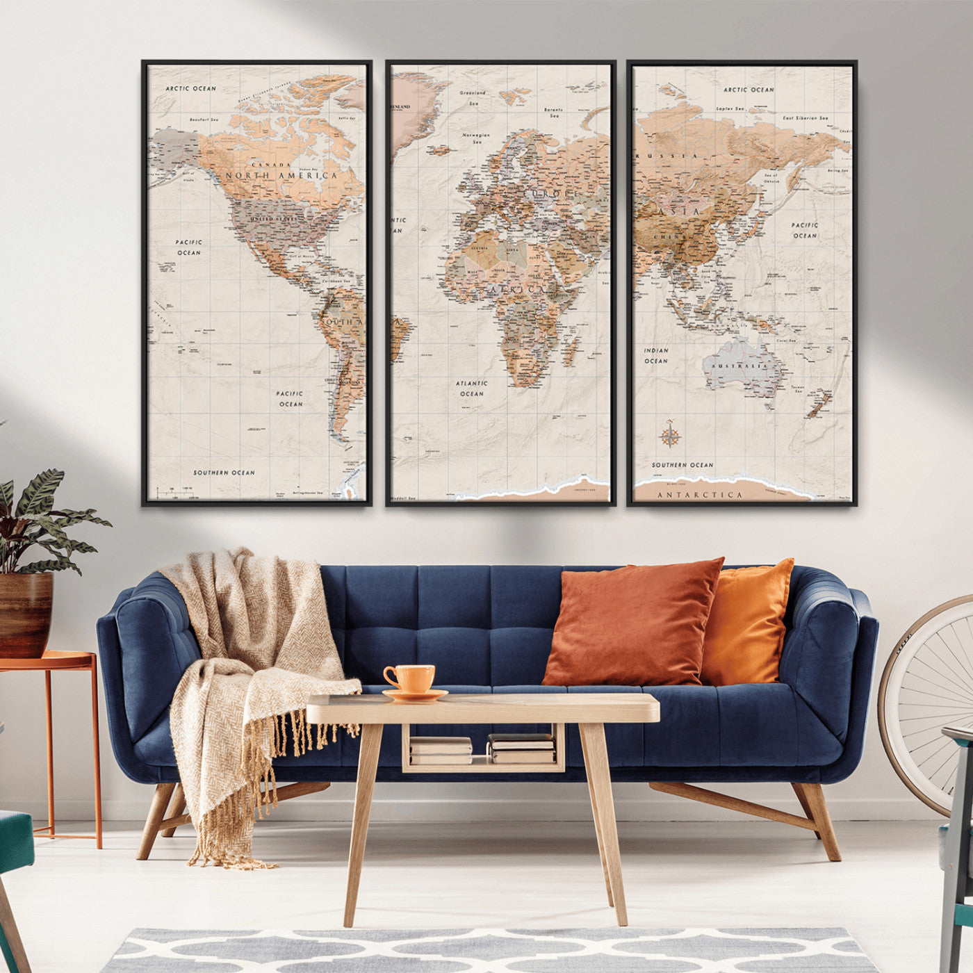 Detailed vintage world map with warm earth tones showing country borders, oceans, continents, and major cities, styled with a textured parchment background.