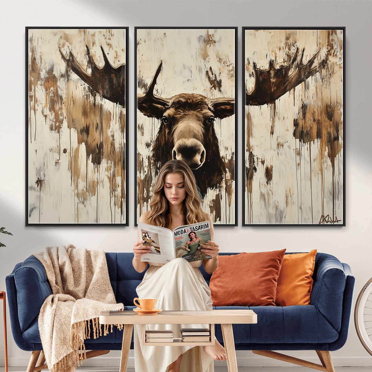 34496536-MGV-CV-36X24 - Powerful Moose Portrait Wall Art – Rich Earthy Tones, Expressive Brushstrokes, Striking Gaze, Raw Nature Vibes Decor for Home or Office