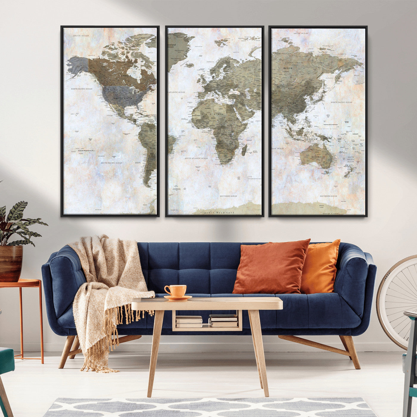 World map printed on a textured canvas with soft muted earth tones and a weathered background, showing detailed countries and continents, perfect for vintage-style wall art.