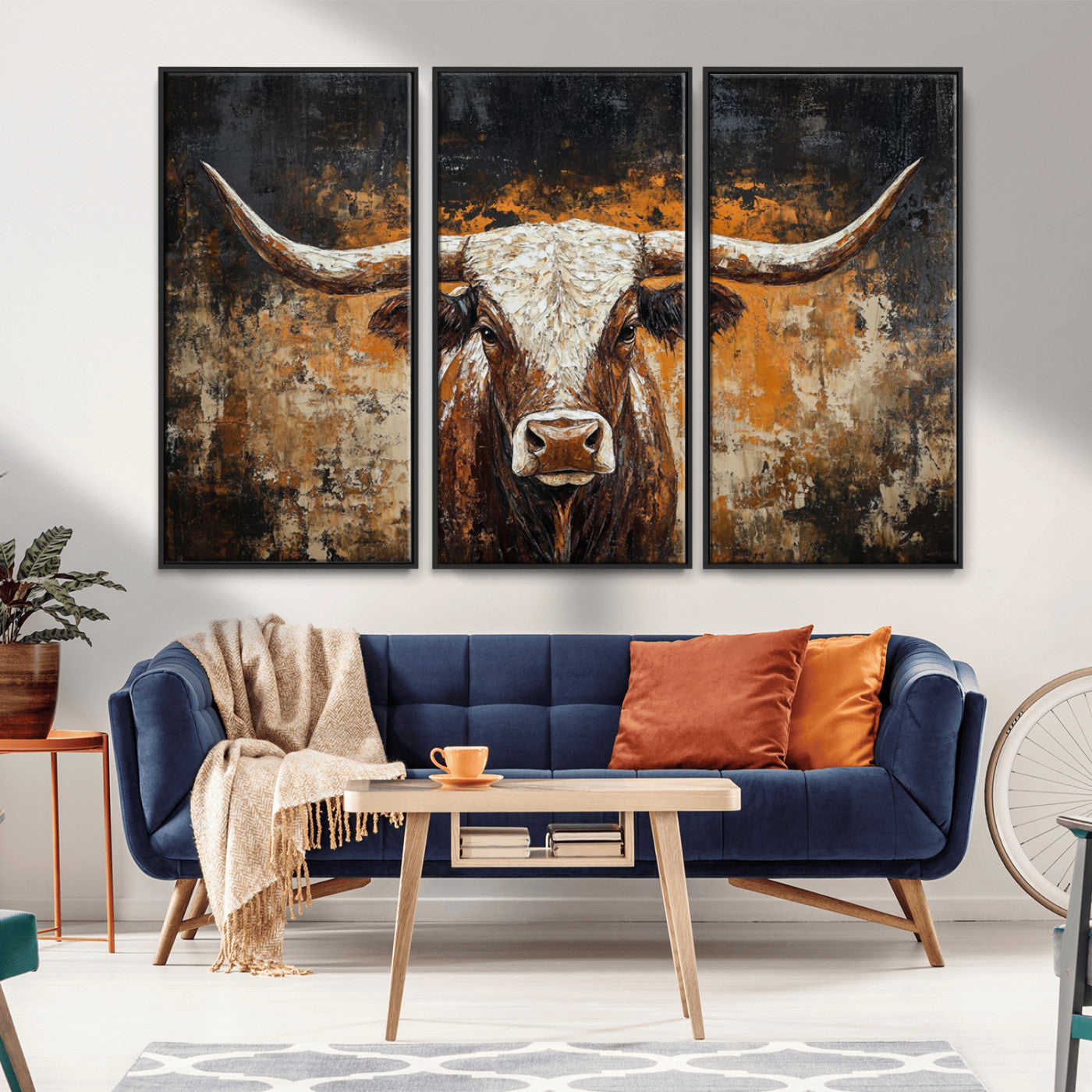MGV-FC-48X32-3P - Rustic Longhorn Bull Wall Art Canvas Print – Vintage Western Cattle Painting, Texas Steer Artwork