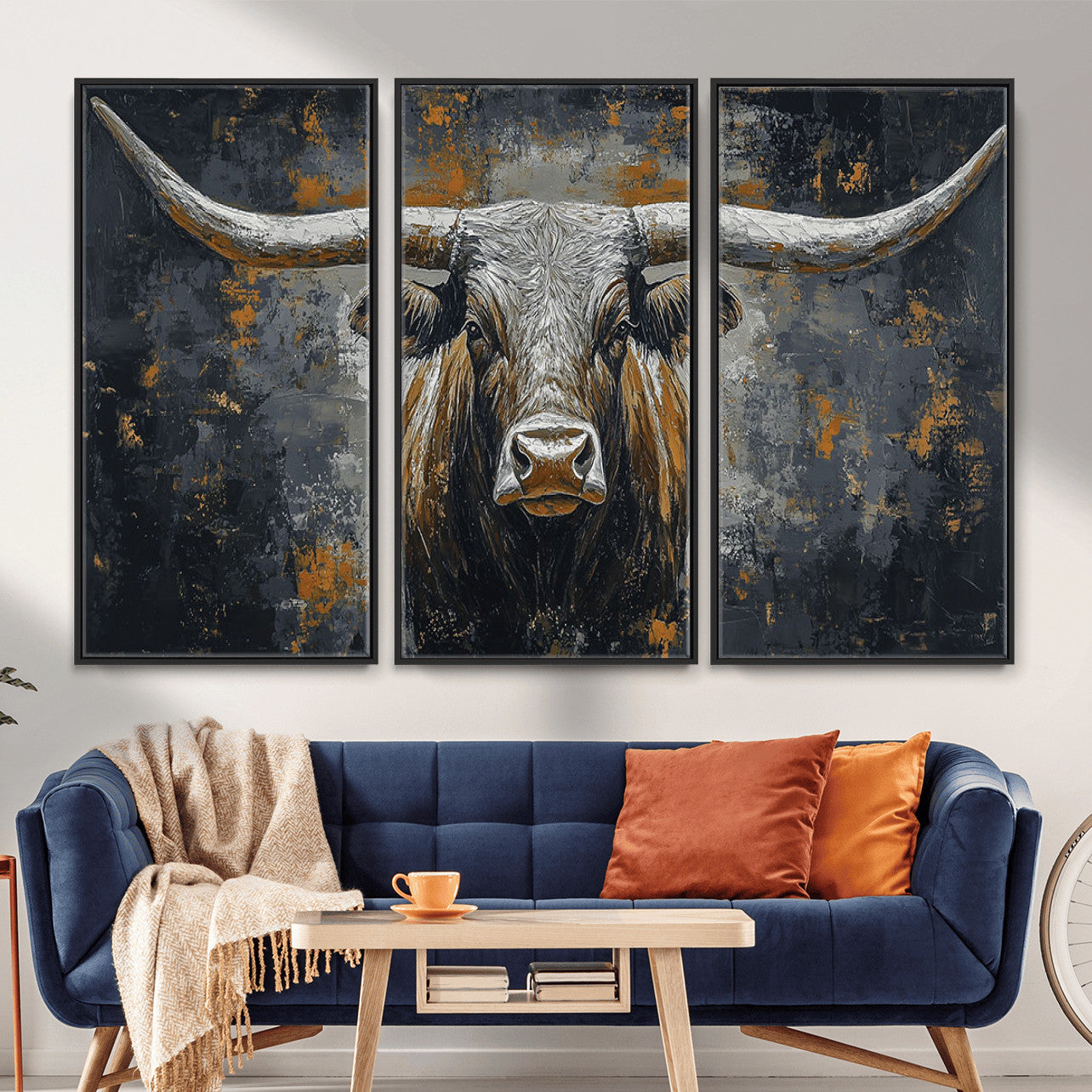 73972561-MGV-CV-36X24 - Bold Bull Wall Art Canvas – Striking Portrait with Wide Horns and Rich Brown Hues, Rustic Farmhouse and Western Decor for Home Room