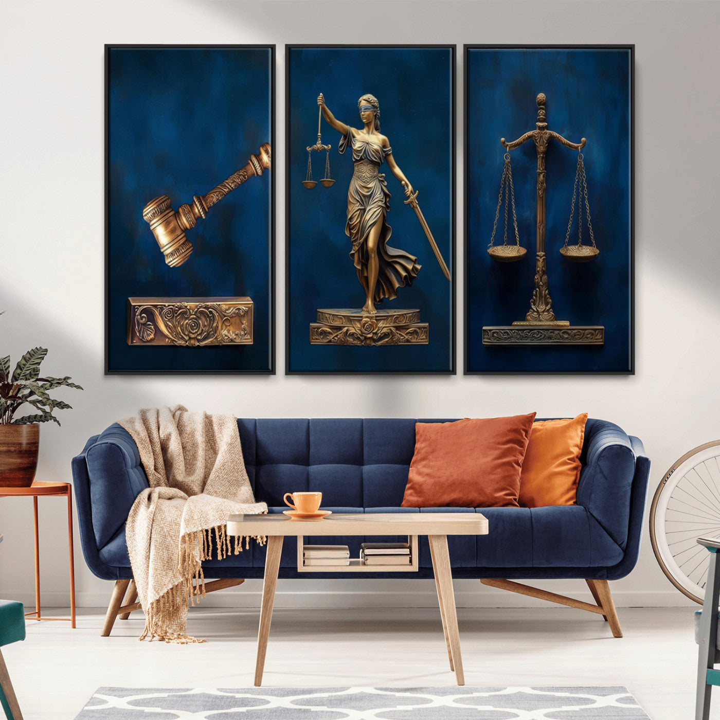 MGV-FC-48X32-3P - Lady Justice Wall Art Canvas Print – Elegant Gold Legal Symbols on Blue Background, Perfect for Law