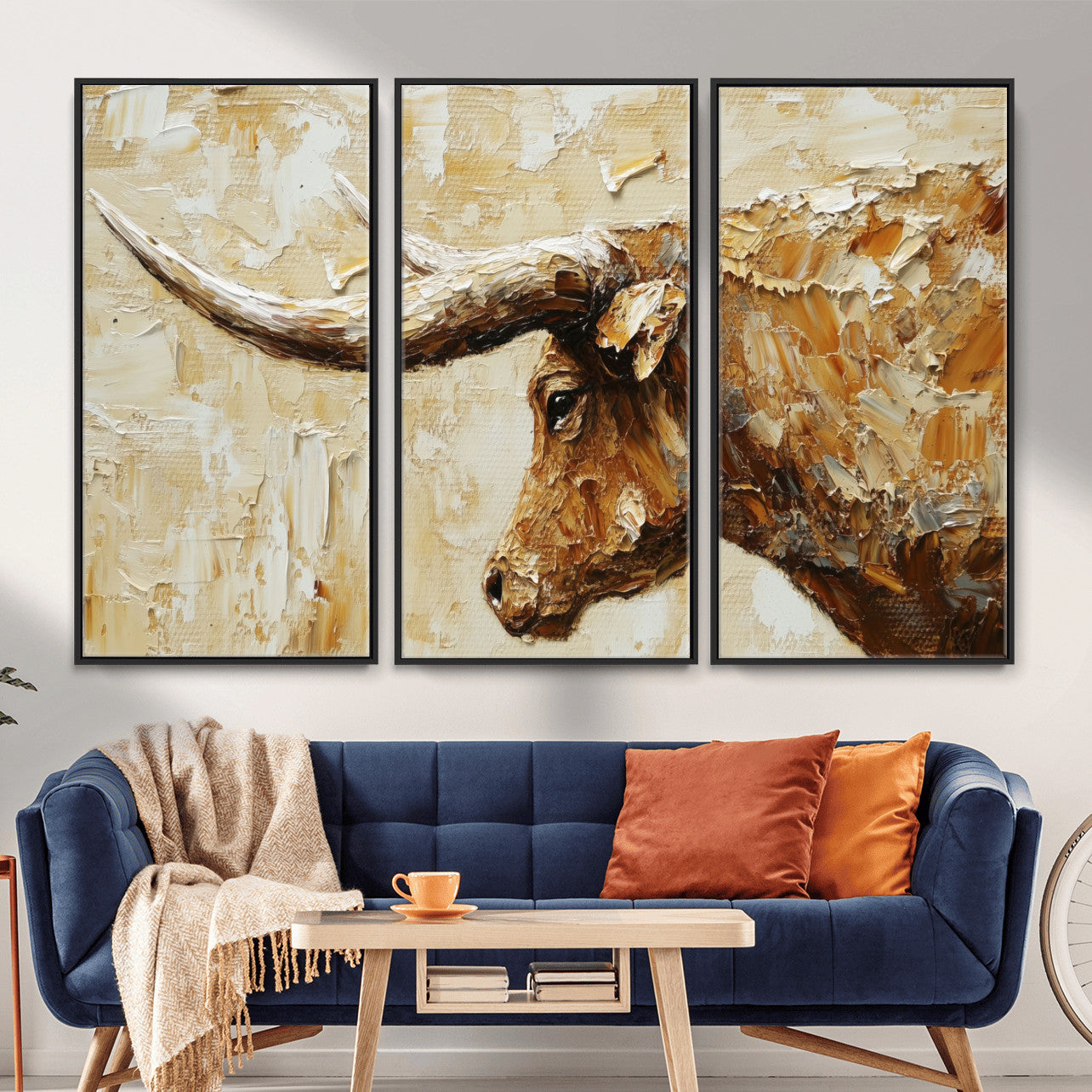 69611428-MGV-CV-36X24 - Rustic Longhorn Bull Wall Art Canvas Print – Vintage Western Cattle Painting, Texas Abstract Wall Cow Prints