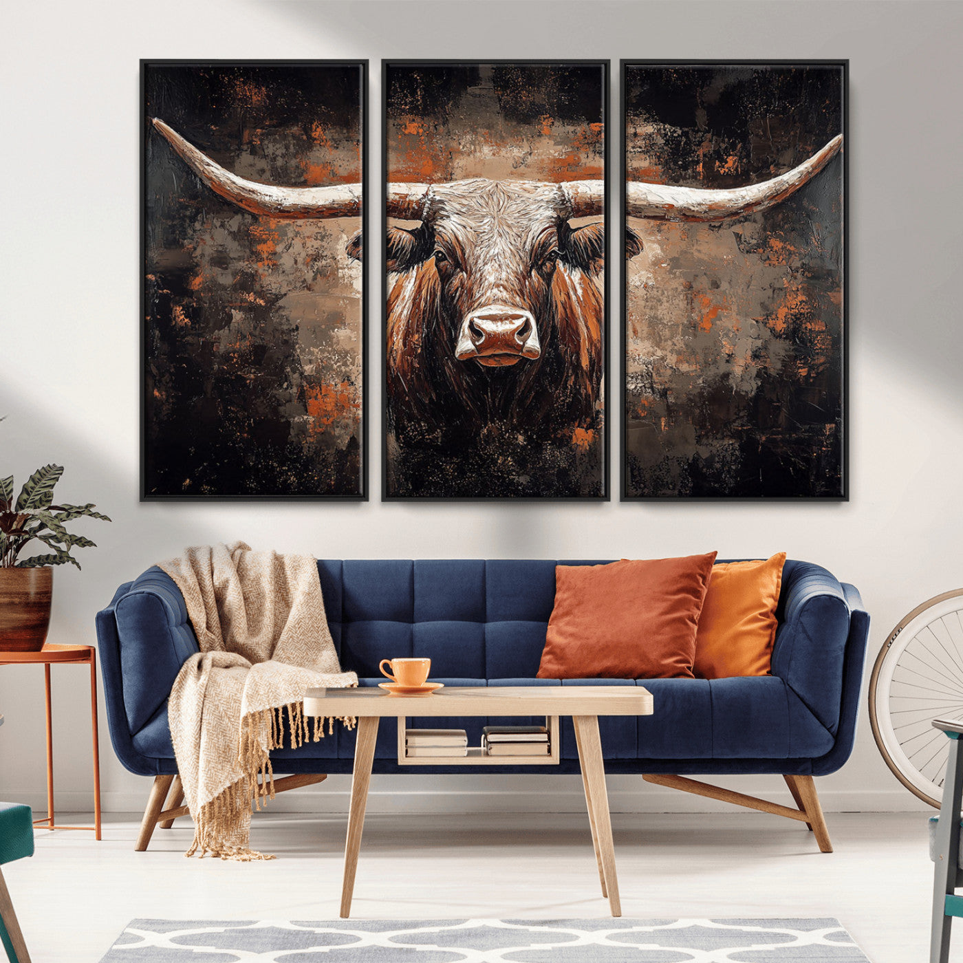 Rustic Longhorn Bull Wall Art Canvas Print – Vintage Western Cattle Painting, Texas Steer Artwork for Ranch, Farmhouse or Cowboy Decor