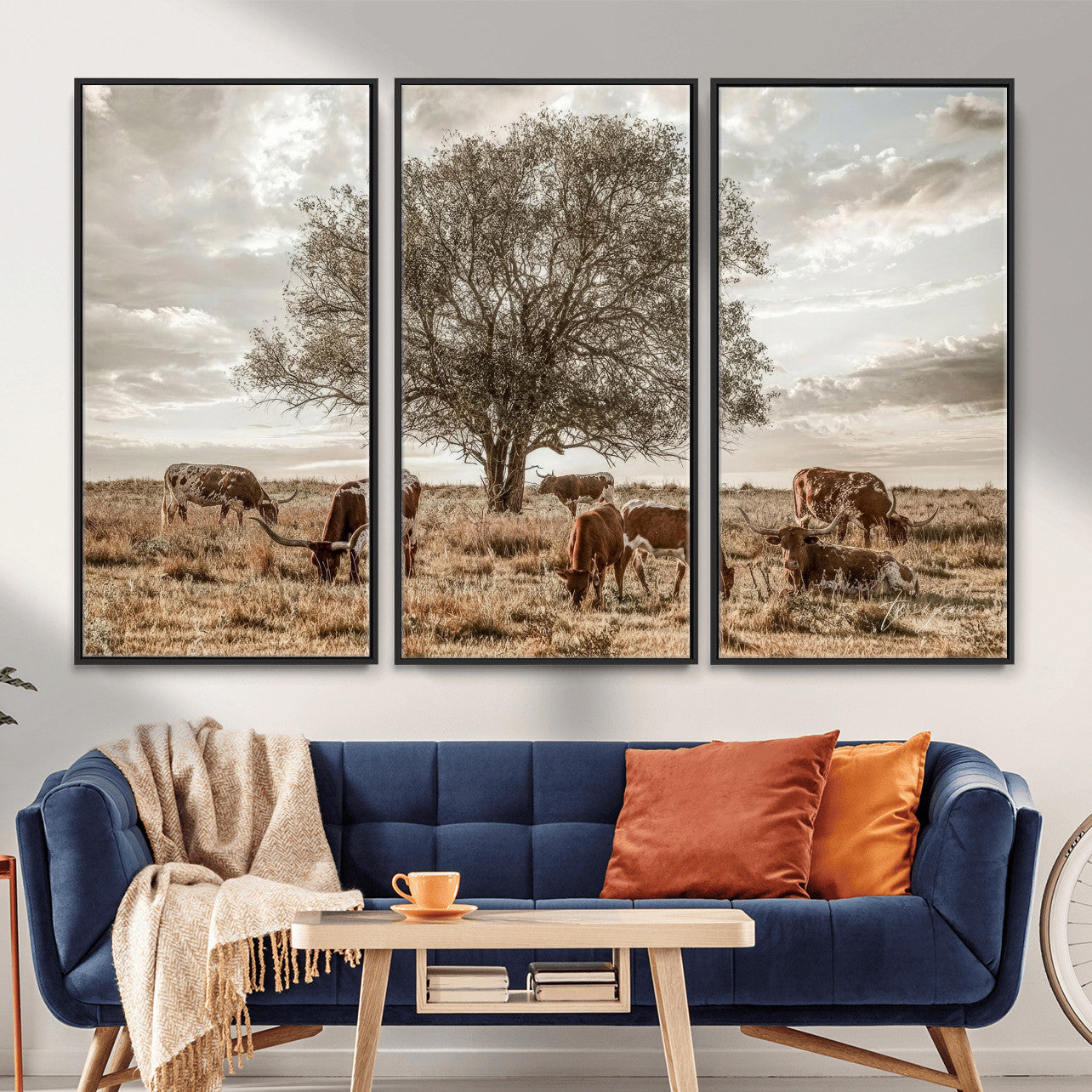 87590224-MGV-CV-36X24 - Texas Longhorn Cattle Wall Art Canvas Print – Rustic Western Ranch Scene with Steers at Sunset, Perfect for Farmhouse or Cowboy Decor
